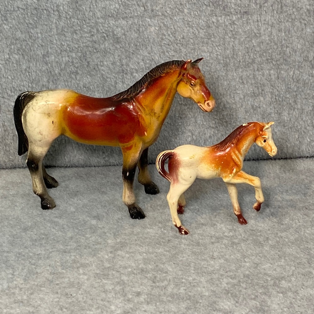 Vintage Imperial Mare and Foal Set Horse Figures Kids Small Brown White Toy